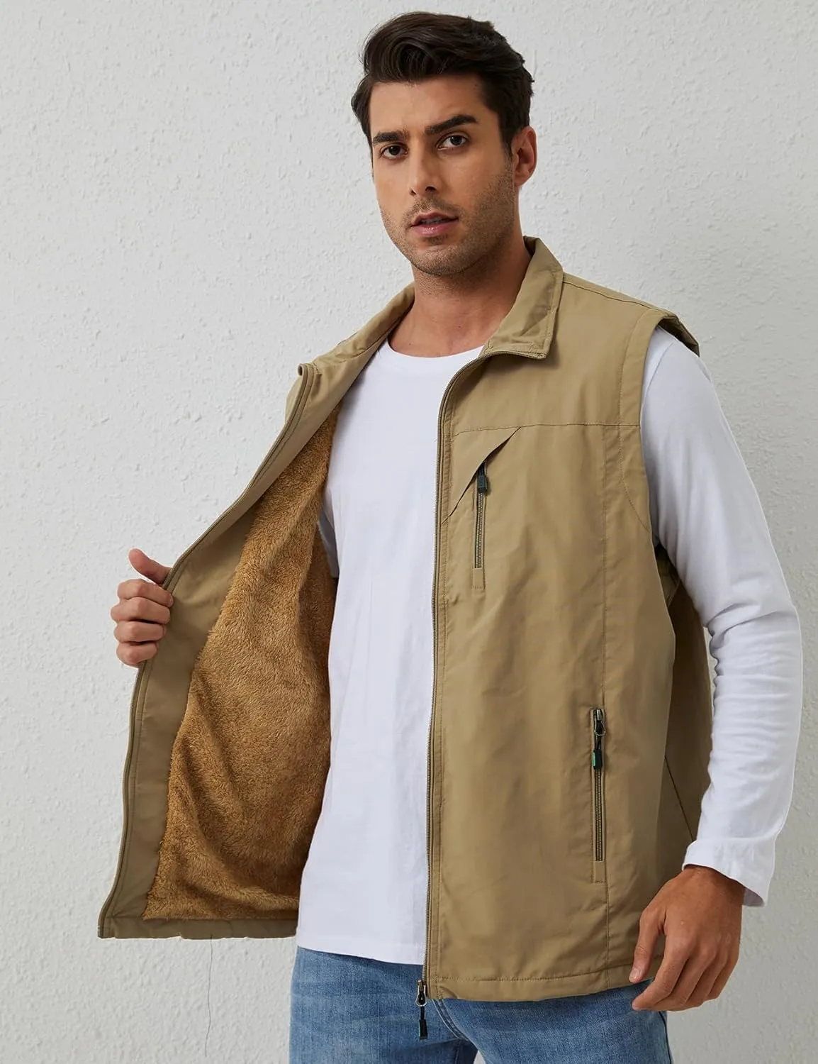 Gihuo Men's Sherpa Lined Fleece Vest Winter Fishing Travel Utility Vest Gilet