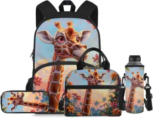 Giraffes 4Pc Backpack Set for Boys Multi-Functional Crossbody School Bag for Teen Boy Portable Food Bag for Travel Work Office Climbing School 4pack