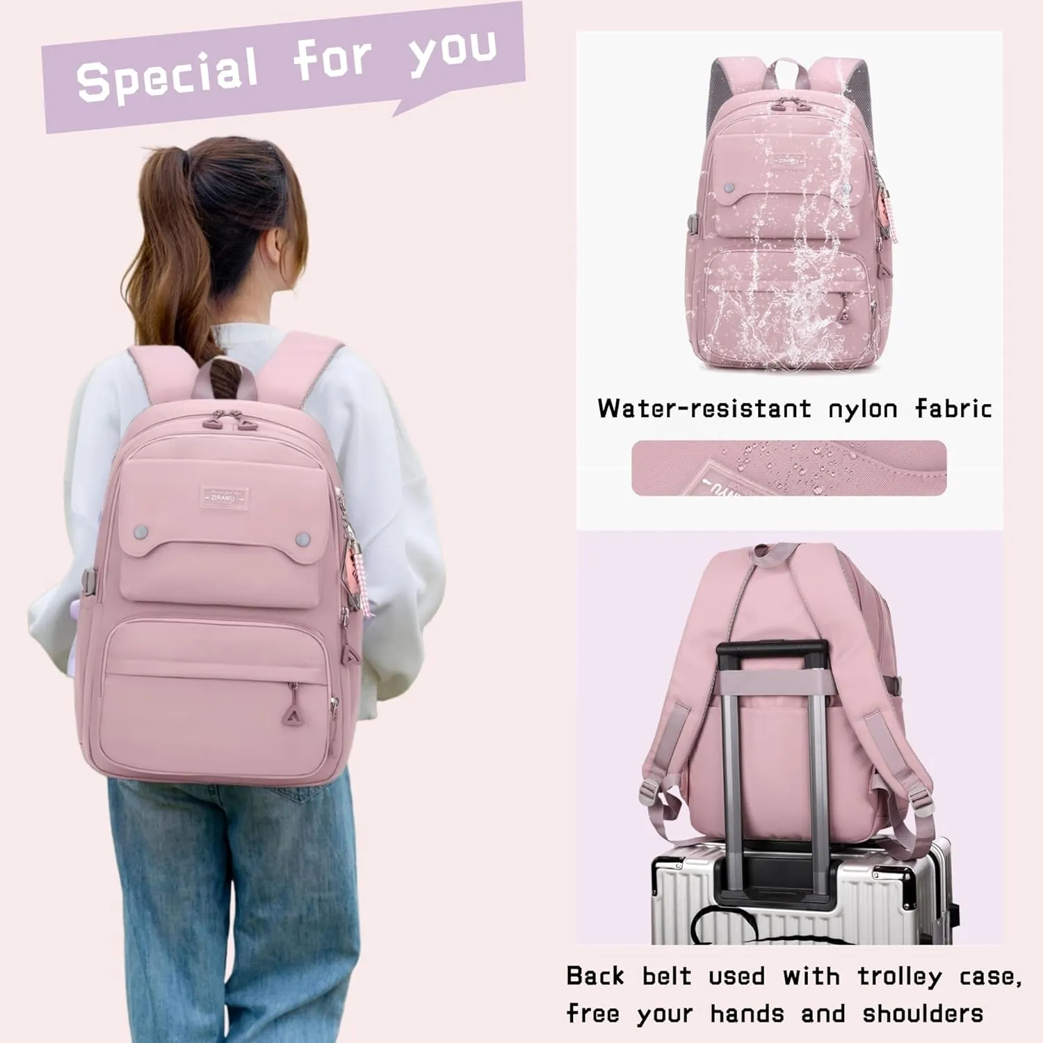 Girls Backpack for School Kids Pink, Multi-Pocket School Bag Backpack for Teen Girls Bookbag