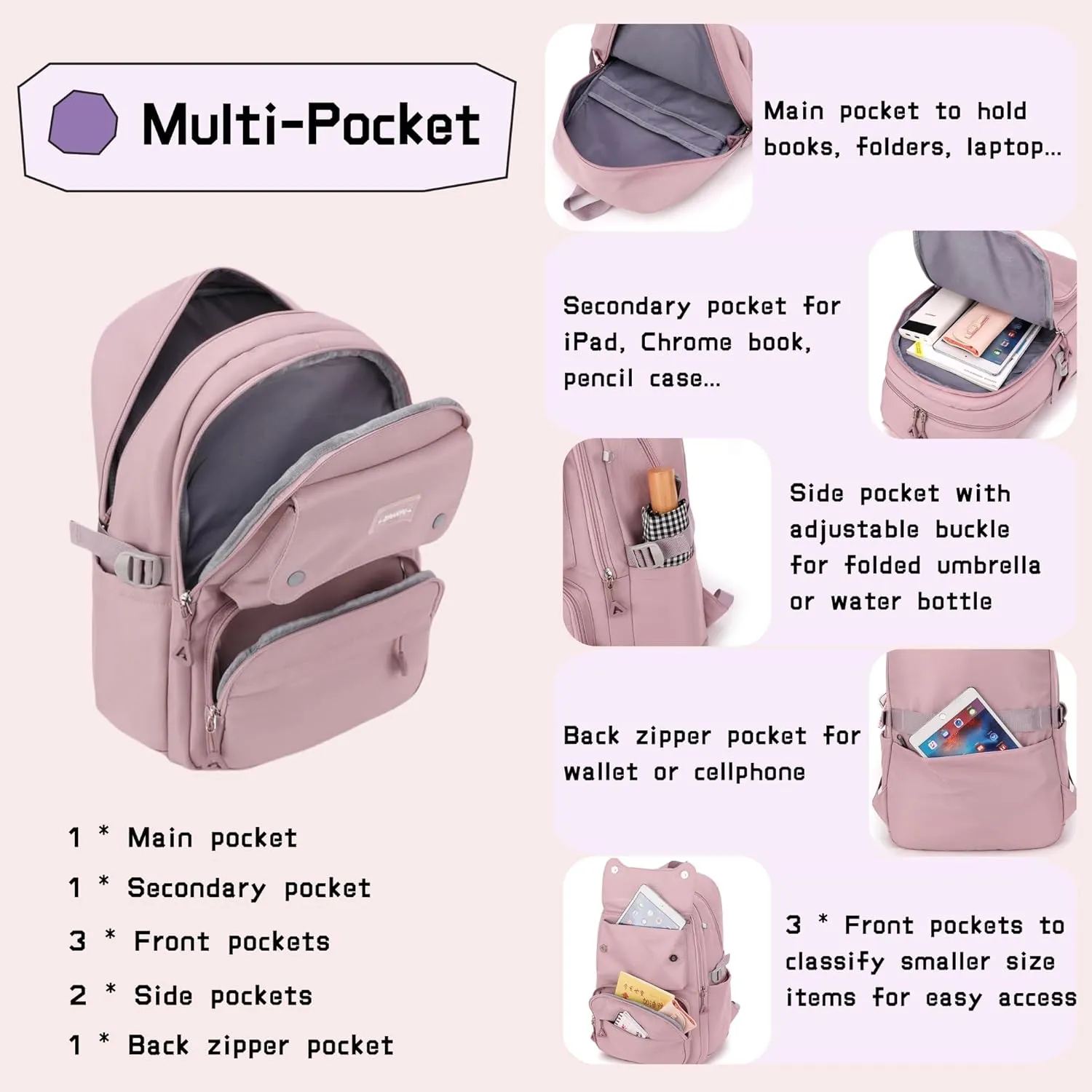 Girls Backpack for School Kids Pink, Multi-Pocket School Bag Backpack for Teen Girls Bookbag