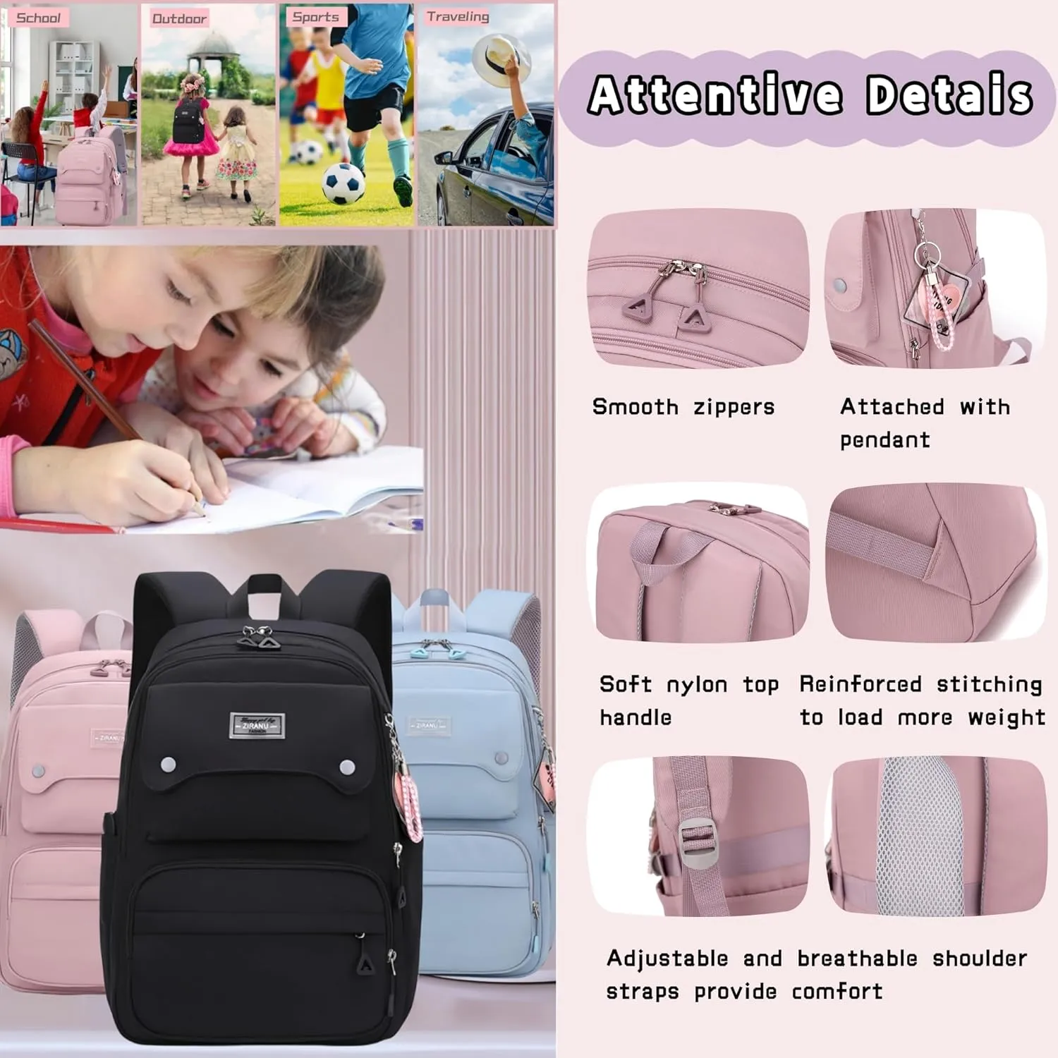 Girls Backpack for School Kids Pink, Multi-Pocket School Bag Backpack for Teen Girls Bookbag