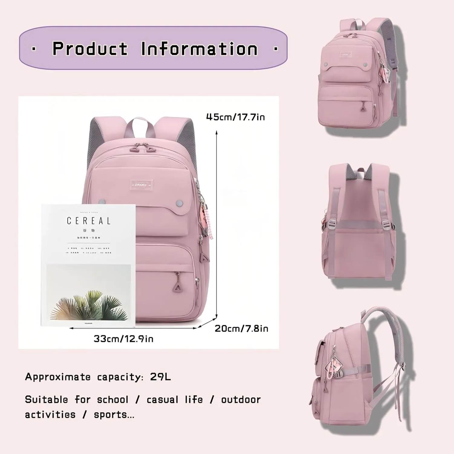 Girls Backpack for School Kids Pink, Multi-Pocket School Bag Backpack for Teen Girls Bookbag