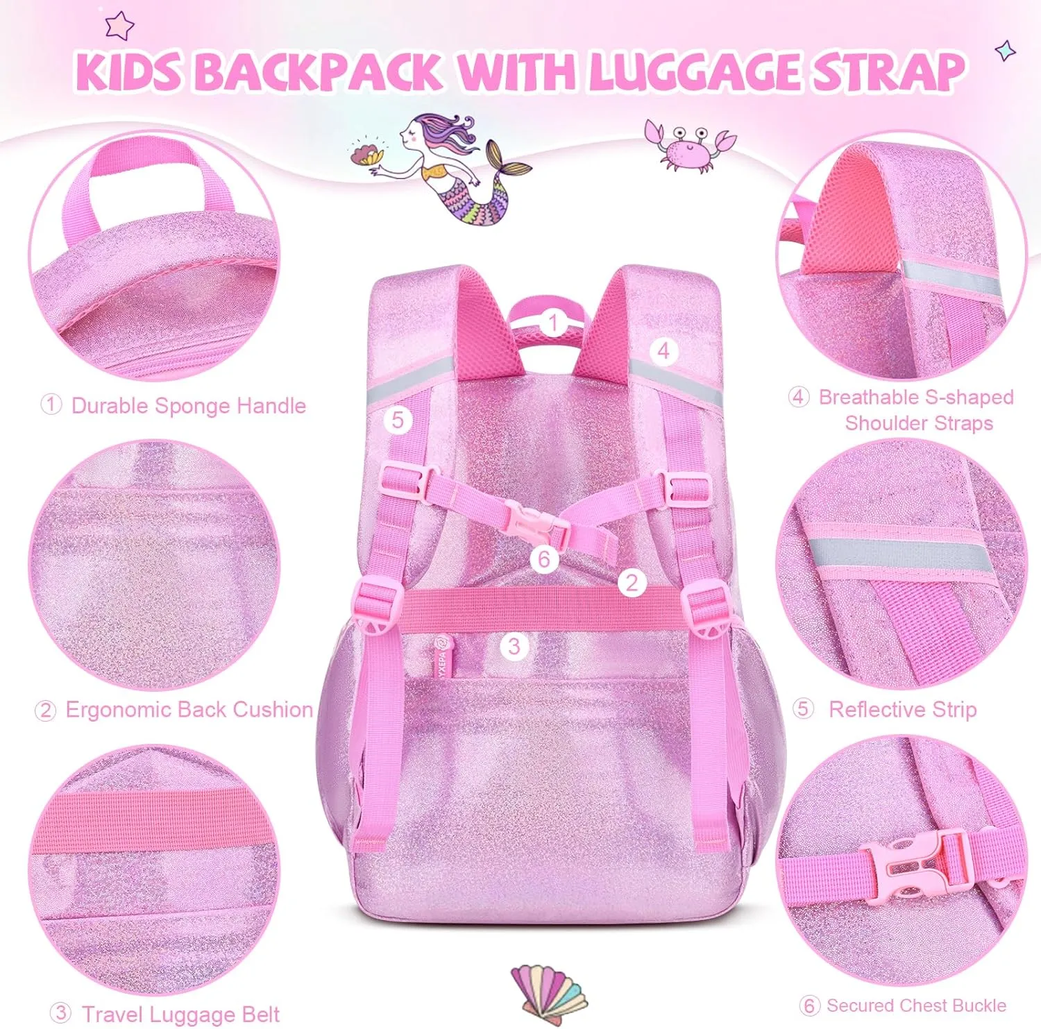 Girls Backpack, Glitter School Backpacks 16in for Girls, Cute Book Bag for Girl Kid Students Elementary School (Mermaid Pink)