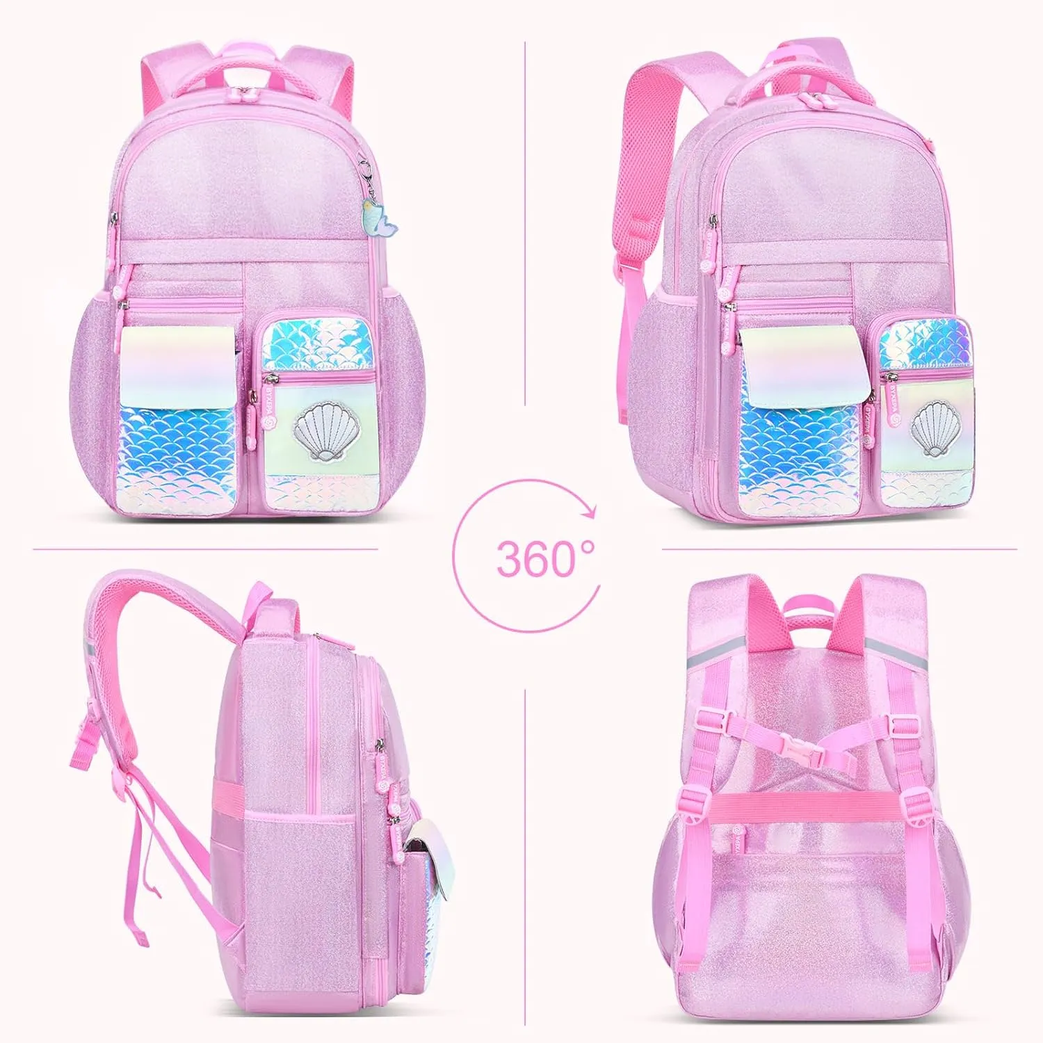 Girls Backpack, Glitter School Backpacks 16in for Girls, Cute Book Bag for Girl Kid Students Elementary School (Mermaid Pink)