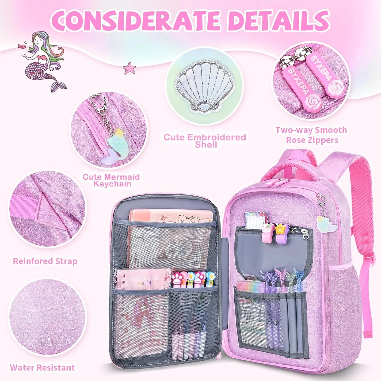 Girls Backpack, Glitter School Backpacks 16in for Girls, Cute Book Bag for Girl Kid Students Elementary School (Mermaid Pink)