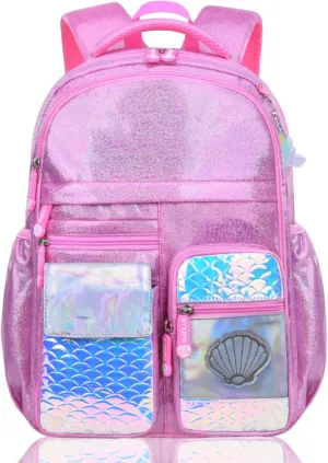 Girls Backpack, Glitter School Backpacks 16in for Girls, Cute Book Bag for Girl Kid Students Elementary School (Mermaid Pink)