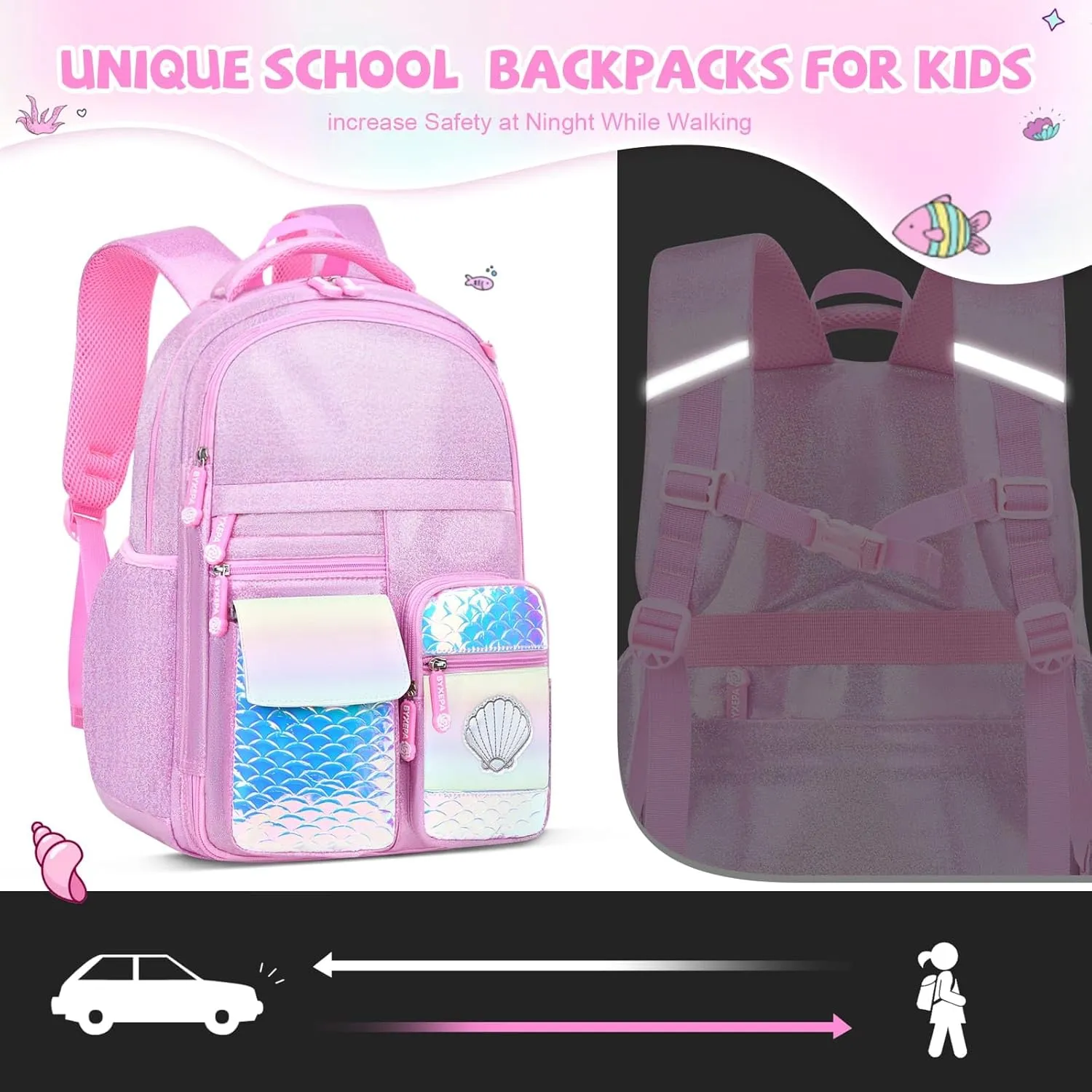 Girls Backpack, Glitter School Backpacks 16in for Girls, Cute Book Bag for Girl Kid Students Elementary School (Mermaid Pink)