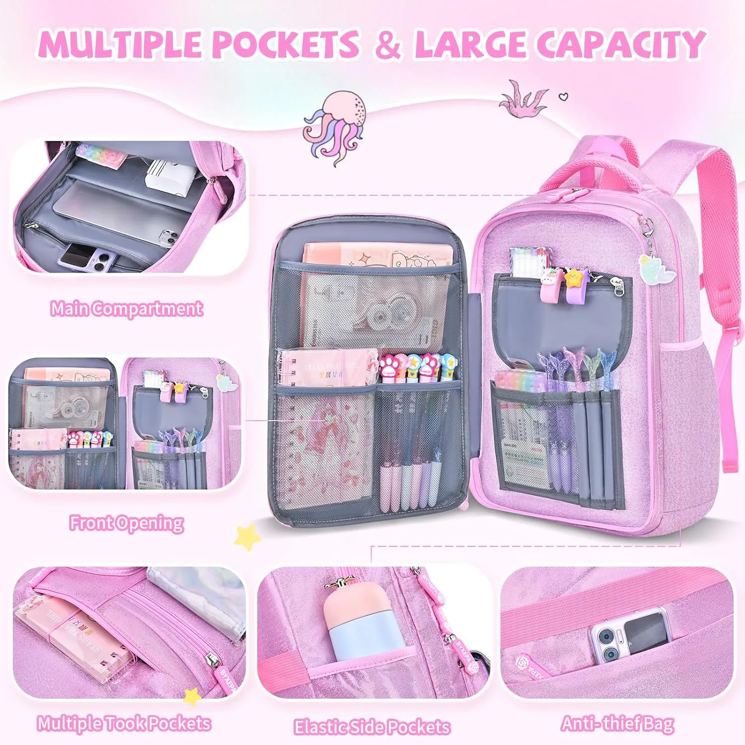 Girls Backpack, Glitter School Backpacks 16in for Girls, Cute Book Bag for Girl Kid Students Elementary School (Mermaid Pink)