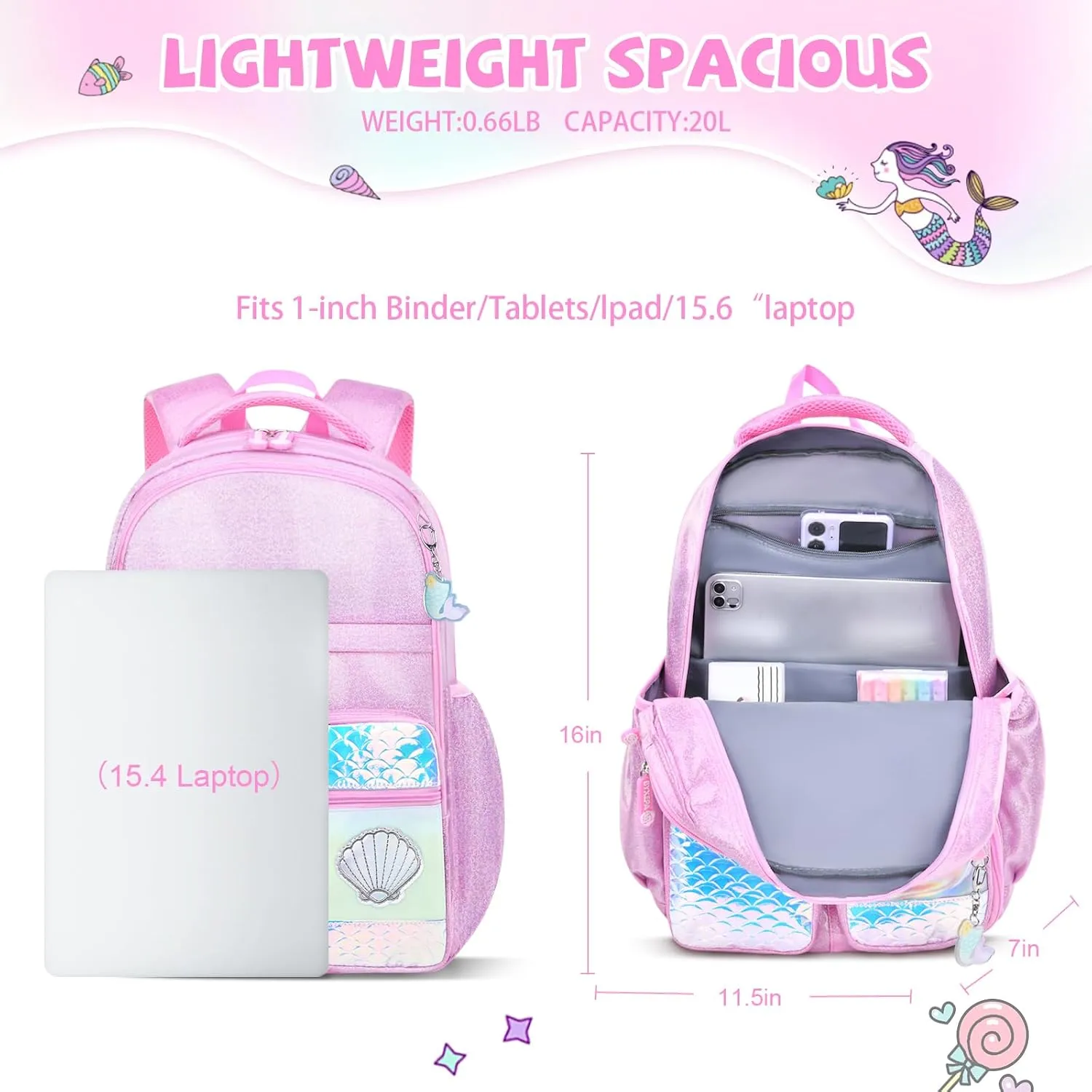 Girls Backpack, Glitter School Backpacks 16in for Girls, Cute Book Bag for Girl Kid Students Elementary School (Mermaid Pink)