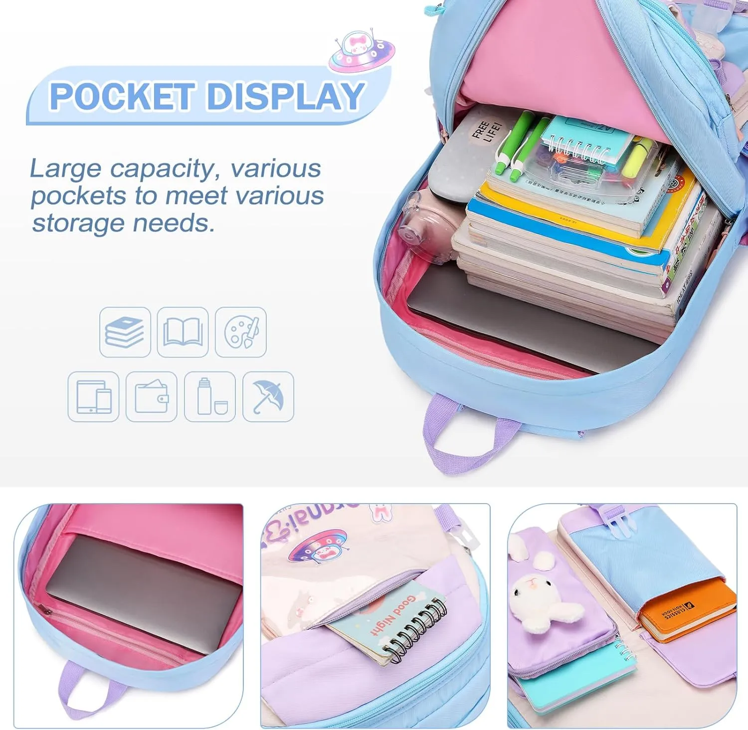 Girls Backpack Set, 3PCS Kids Backpack for Girl, Cute Bunny School Backpack for Girls Kids Teen Kindergarten Elementary Preschool Middle School Bags with Lunch Box Pencil Case Blue