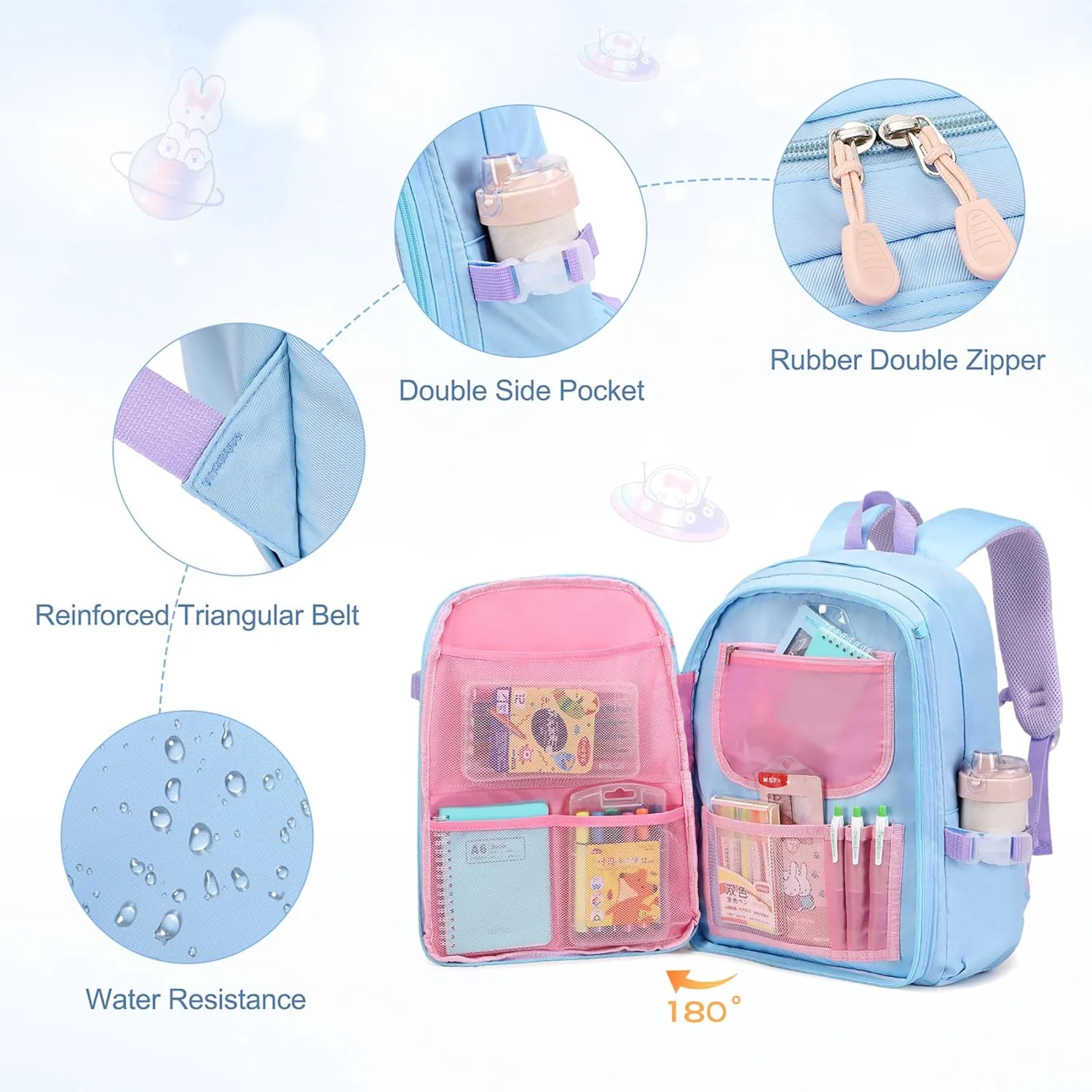 Girls Backpack Set, 3PCS Kids Backpack for Girl, Cute Bunny School Backpack for Girls Kids Teen Kindergarten Elementary Preschool Middle School Bags with Lunch Box Pencil Case Blue