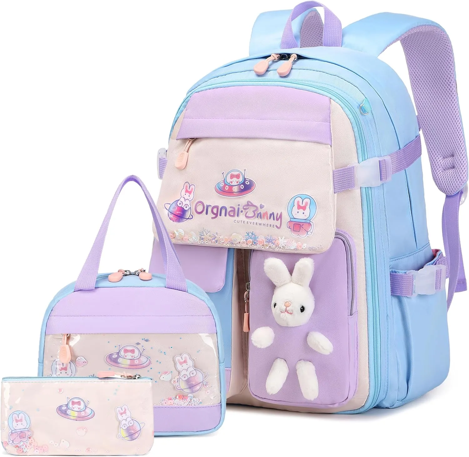 Girls Backpack Set, 3PCS Kids Backpack for Girl, Cute Bunny School Backpack for Girls Kids Teen Kindergarten Elementary Preschool Middle School Bags with Lunch Box Pencil Case Blue