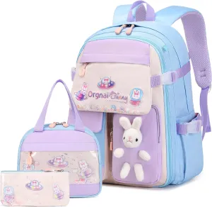 Girls Backpack Set, 3PCS Kids Backpack for Girl, Cute Bunny School Backpack for Girls Kids Teen Kindergarten Elementary Preschool Middle School Bags with Lunch Box Pencil Case Blue