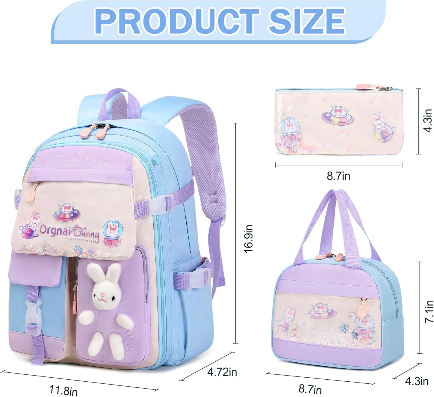 Girls Backpack Set, 3PCS Kids Backpack for Girl, Cute Bunny School Backpack for Girls Kids Teen Kindergarten Elementary Preschool Middle School Bags with Lunch Box Pencil Case Blue