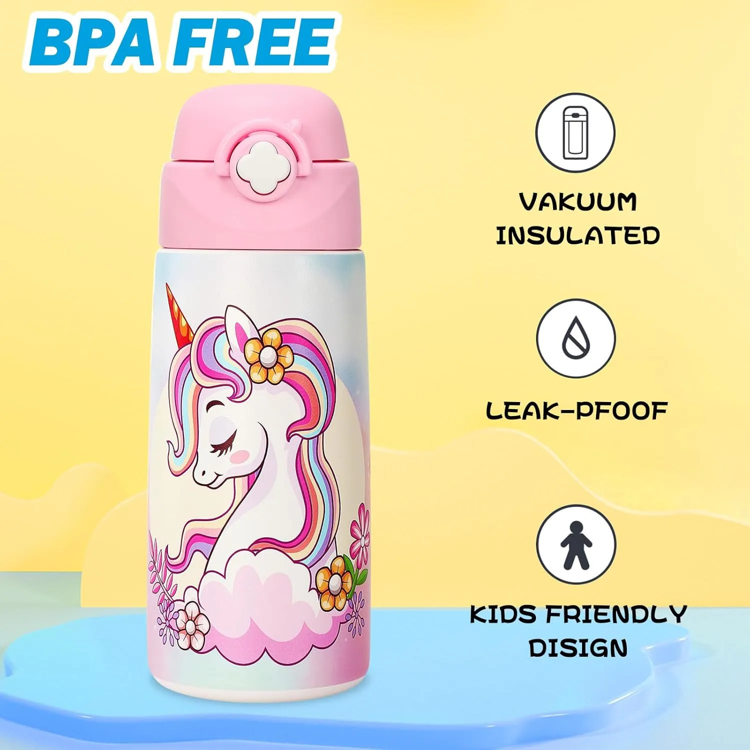 Girls Insulated Water Bottle with Covered Pop-Up Straw,16 oz Kids Cups with Stainless Steel Leak Proof for School（2 pack,Unicorn Unicorn）