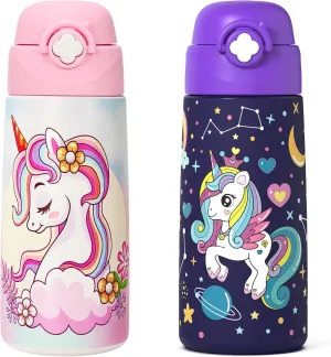 Girls Insulated Water Bottle with Covered Pop-Up Straw,16 oz Kids Cups with Stainless Steel Leak Proof for School（2 pack,Unicorn Unicorn）
