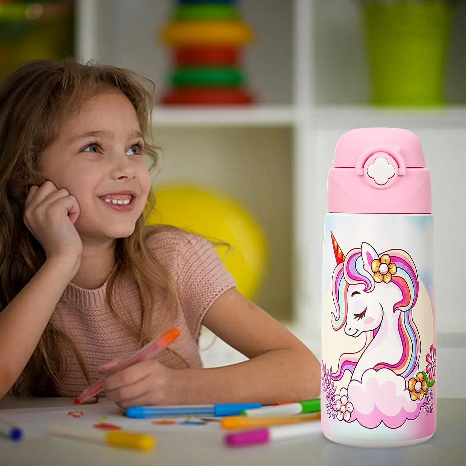 Girls Insulated Water Bottle with Covered Pop-Up Straw,16 oz Kids Cups with Stainless Steel Leak Proof for School（2 pack,Unicorn Unicorn）