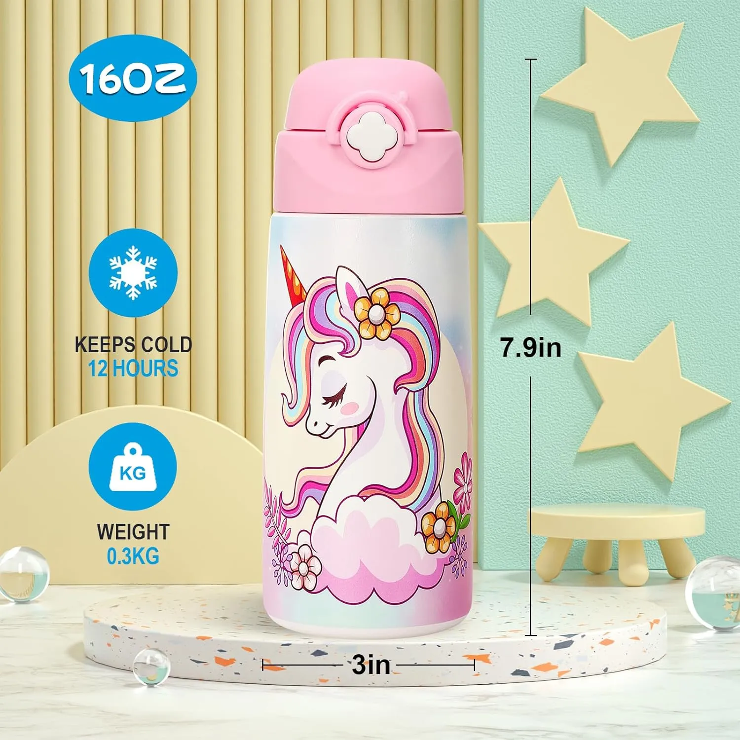 Girls Insulated Water Bottle with Covered Pop-Up Straw,16 oz Kids Cups with Stainless Steel Leak Proof for School（2 pack,Unicorn Unicorn）