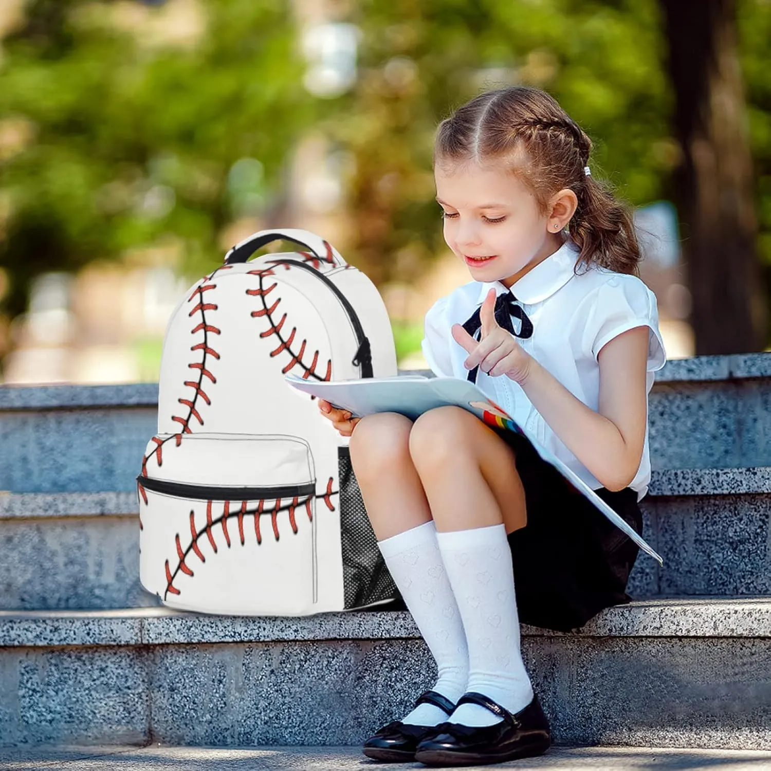 Giwawa Baseball School Bag for Kids, Softball Red Stitching Print Backpack Sport Bookbag for Boys Girls Students Laptop Travel, Adjustable Shoulder Strap & Multiple Pockets