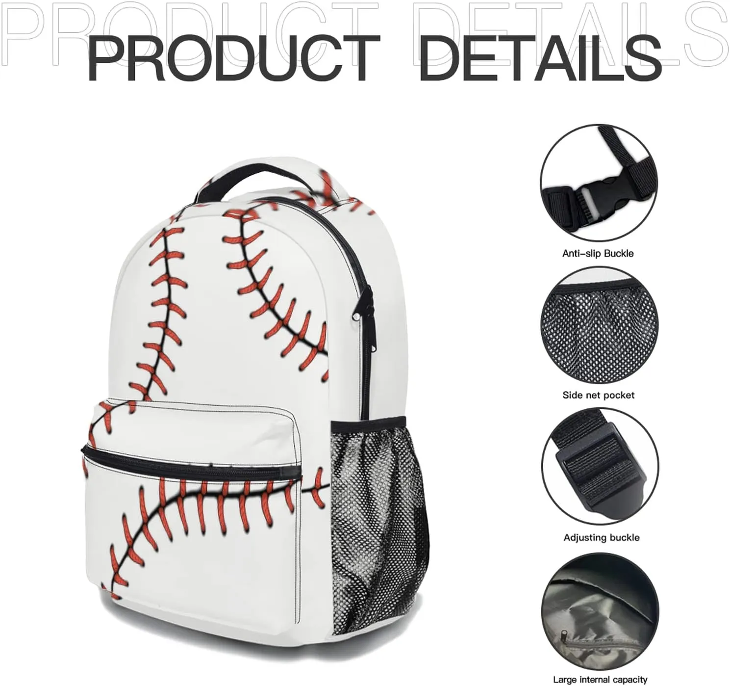 Giwawa Baseball School Bag for Kids, Softball Red Stitching Print Backpack Sport Bookbag for Boys Girls Students Laptop Travel, Adjustable Shoulder Strap & Multiple Pockets