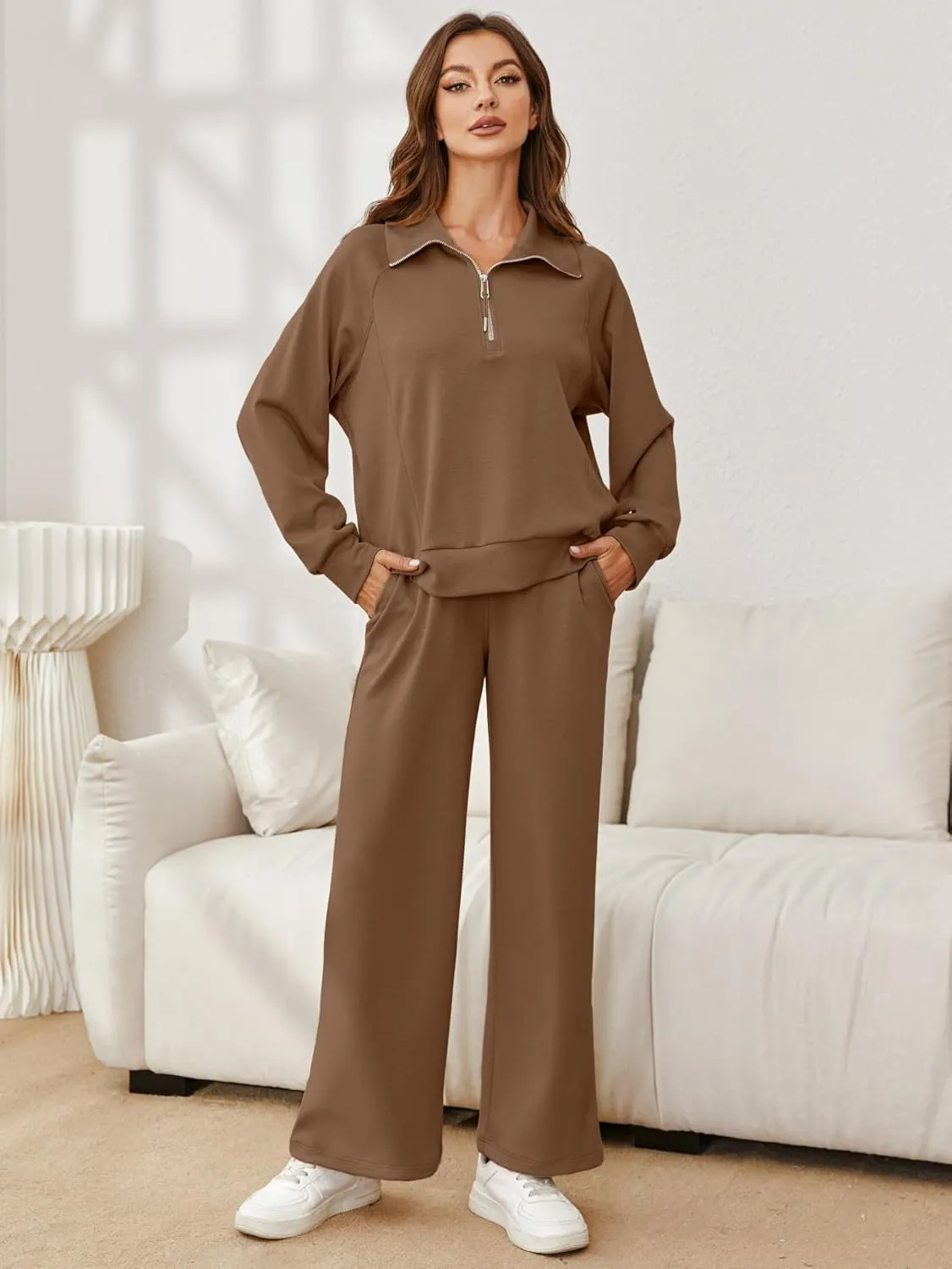 Glamaker Womens 2 Piece Outfits Sweatsuit Set Oversized Half Zip Sweatshirt Wide Leg Sweatpants Lounge Set Tracksuit