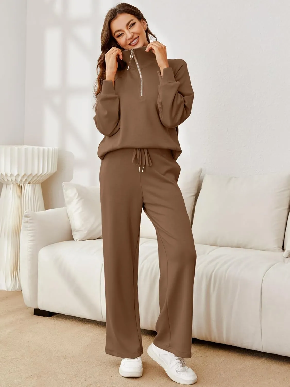 Glamaker Womens 2 Piece Outfits Sweatsuit Set Oversized Half Zip Sweatshirt Wide Leg Sweatpants Lounge Set Tracksuit