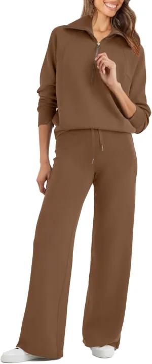 Glamaker Womens 2 Piece Outfits Sweatsuit Set Oversized Half Zip Sweatshirt Wide Leg Sweatpants Lounge Set Tracksuit