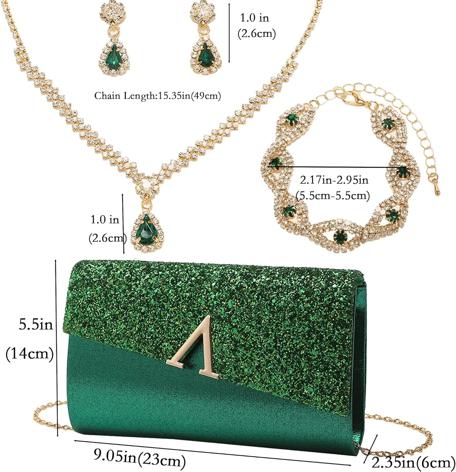 Glitter Evening Clutch Purse for Women Sparkly Shiny Handbag Ladies Wedding Prom Purse with Detachable Chain 4 Pieces Rhinestone Jewelry Set