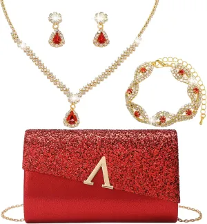 Glitter Evening Clutch Purse for Women Sparkly Shiny Handbag Ladies Wedding Prom Purse with Detachable Chain 4 Pieces Rhinestone Jewelry Set