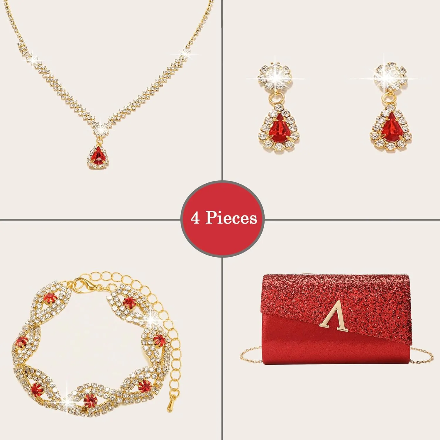 Glitter Evening Clutch Purse for Women Sparkly Shiny Handbag Ladies Wedding Prom Purse with Detachable Chain 4 Pieces Rhinestone Jewelry Set