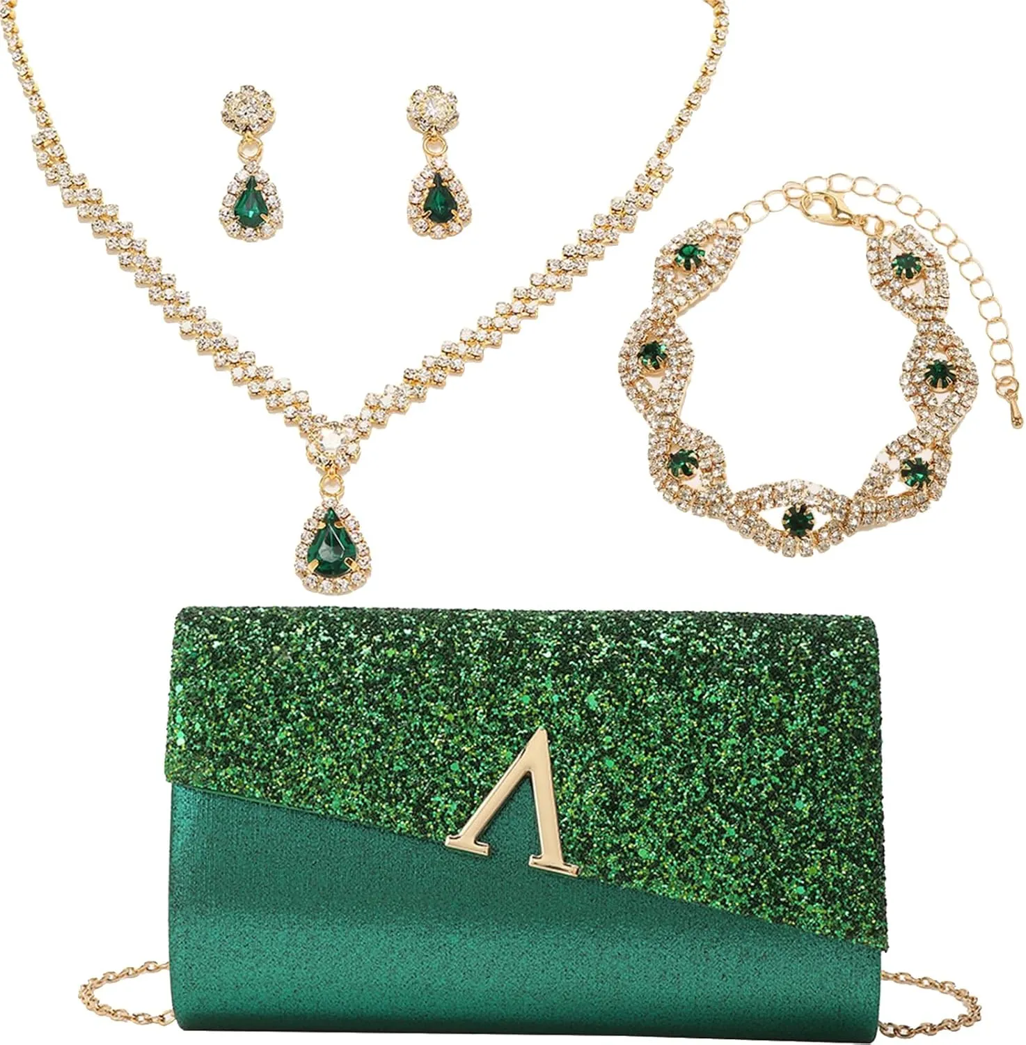 Glitter Evening Clutch Purse for Women Sparkly Shiny Handbag Ladies Wedding Prom Purse with Detachable Chain 4 Pieces Rhinestone Jewelry Set