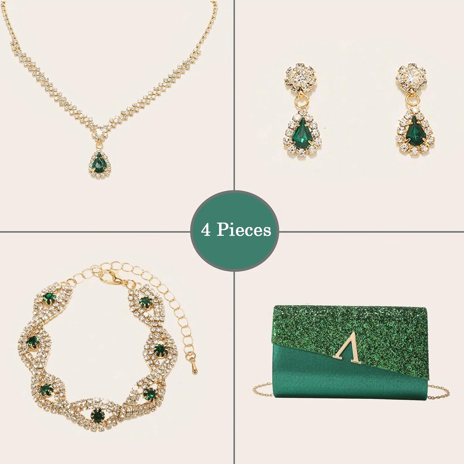 Glitter Evening Clutch Purse for Women Sparkly Shiny Handbag Ladies Wedding Prom Purse with Detachable Chain 4 Pieces Rhinestone Jewelry Set