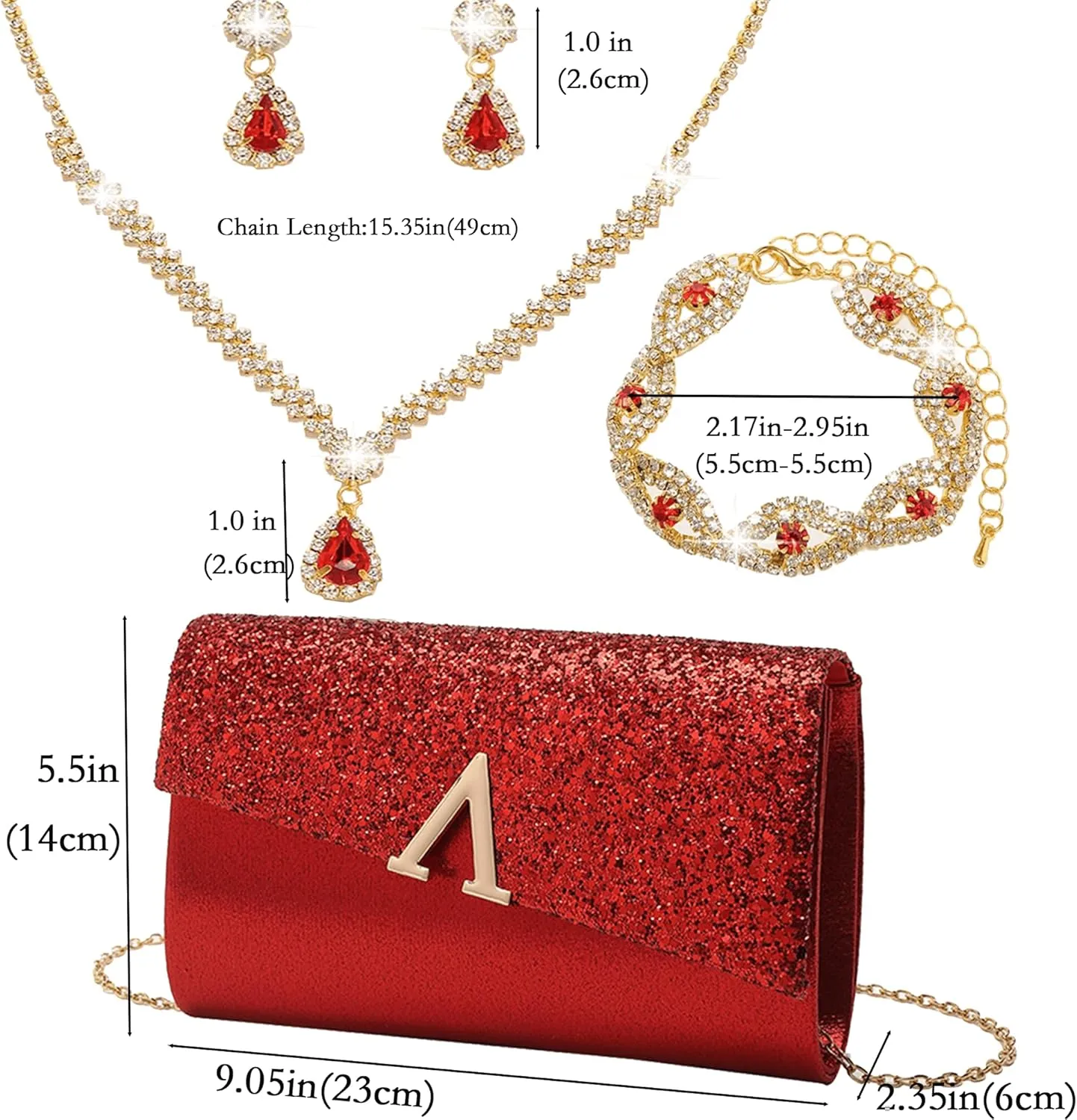 Glitter Evening Clutch Purse for Women Sparkly Shiny Handbag Ladies Wedding Prom Purse with Detachable Chain 4 Pieces Rhinestone Jewelry Set