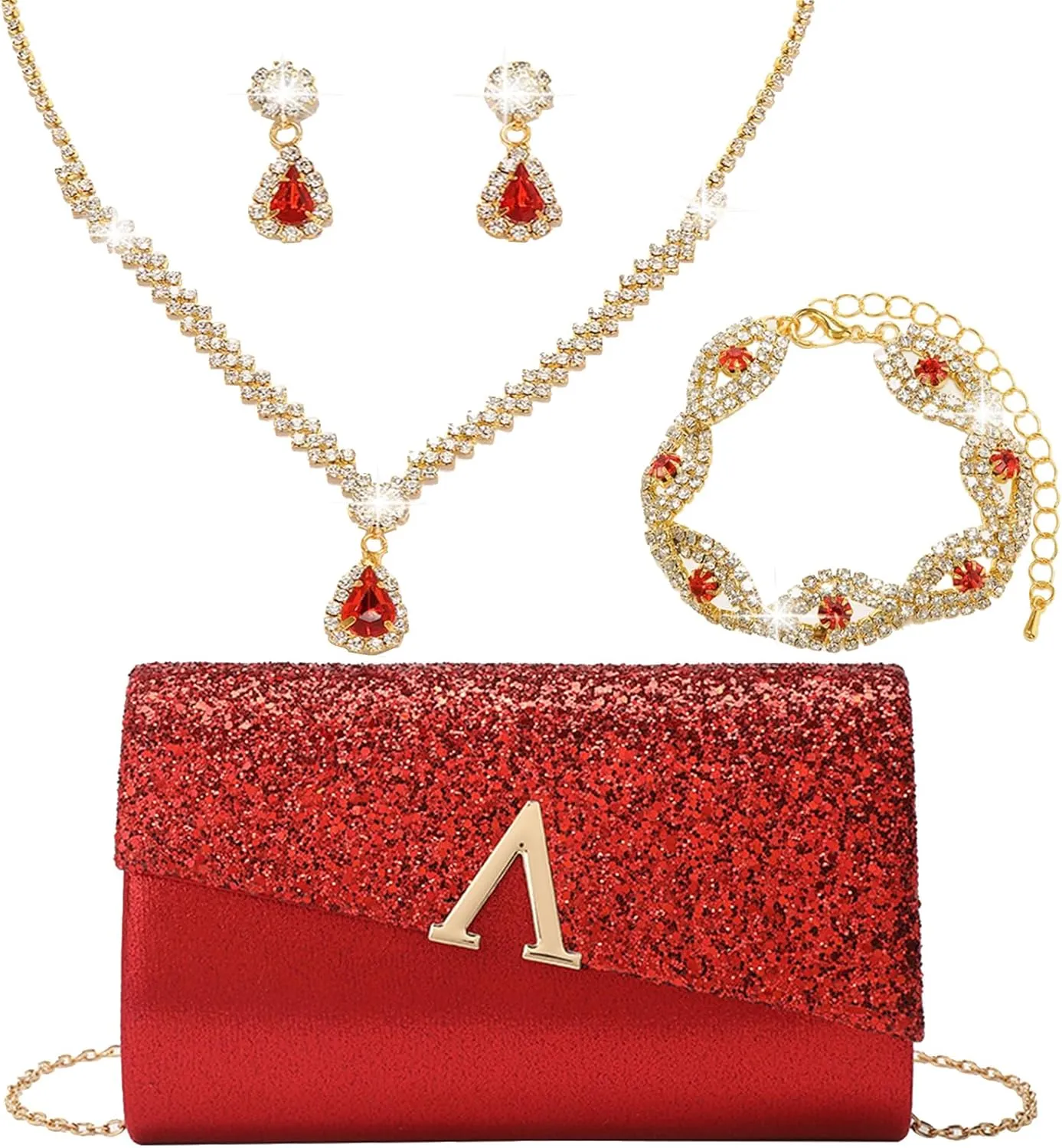 Glitter Evening Clutch Purse for Women Sparkly Shiny Handbag Ladies Wedding Prom Purse with Detachable Chain 4 Pieces Rhinestone Jewelry Set