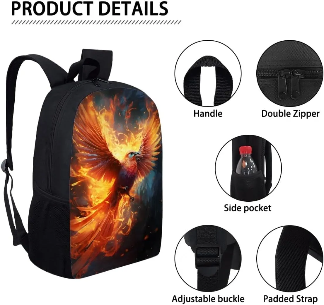 GLUDEAR Cool Animal Graphics Backpack Boy Girl Daypack Bookbag Backpack Adjustable Shoulder Bag,Fire Phoenix Bird