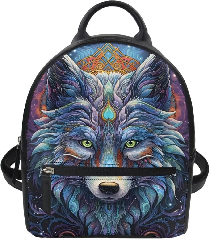 GLUDEAR Women Cool Wolf Print PU Leather Small Backpack Shoulder Bag Ladies Travel Bag,Blue Wolf Head