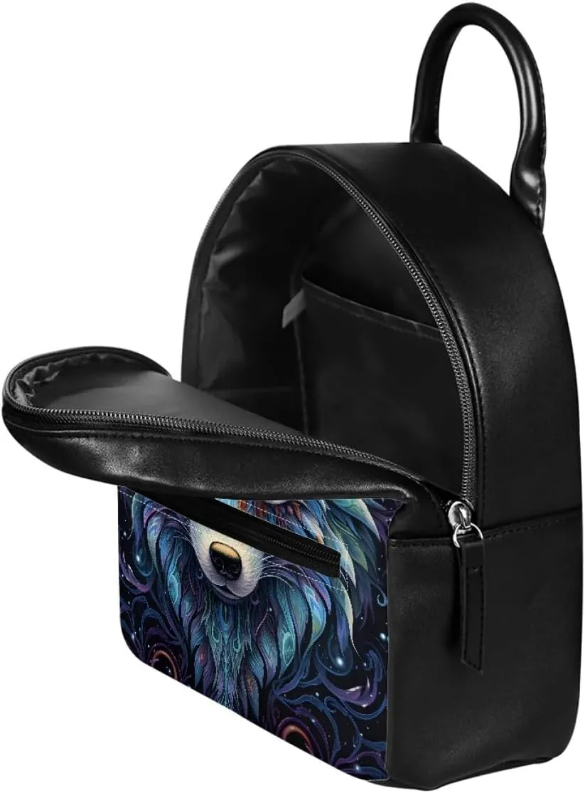GLUDEAR Women Cool Wolf Print PU Leather Small Backpack Shoulder Bag Ladies Travel Bag,Blue Wolf Head