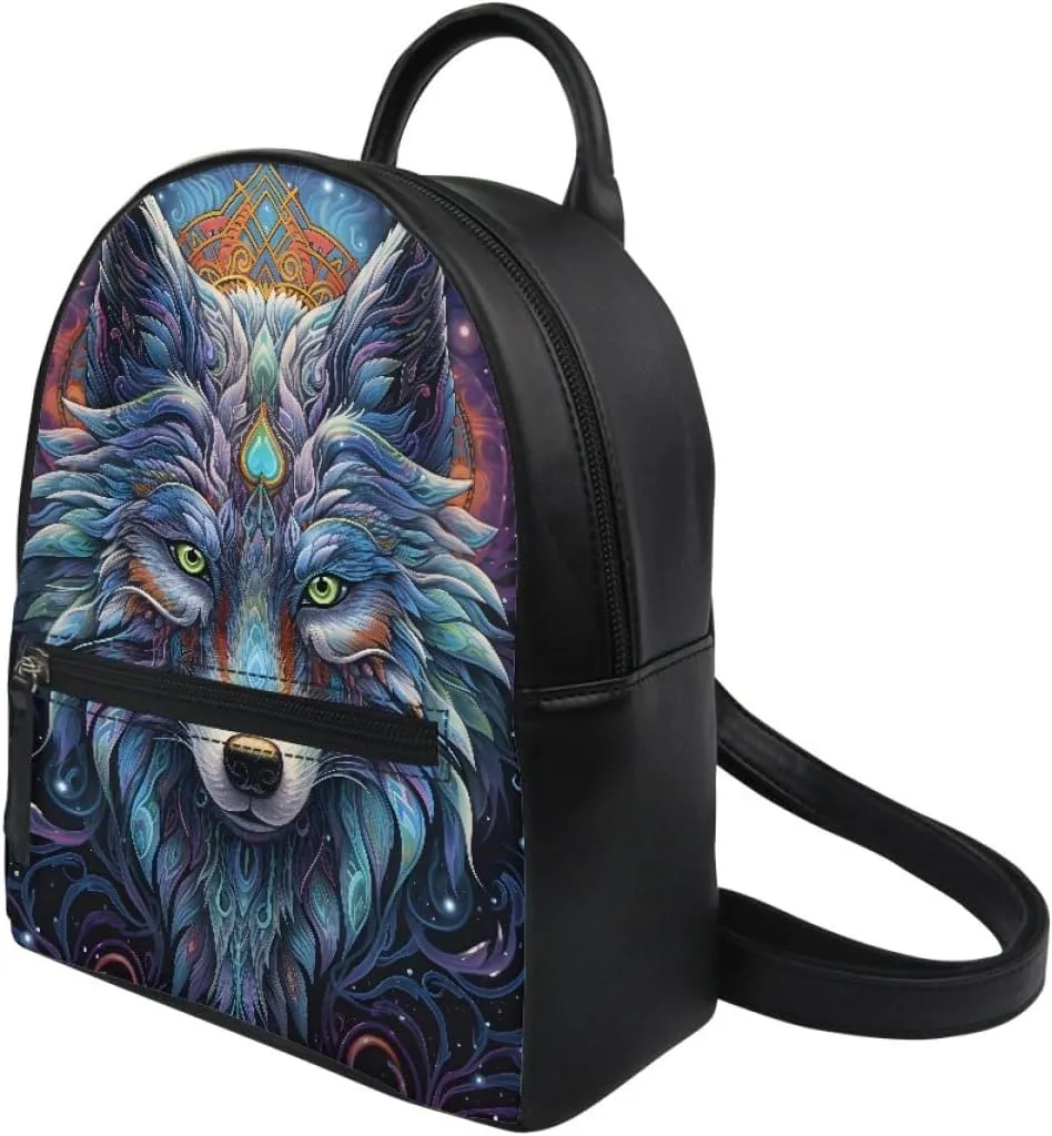 GLUDEAR Women Cool Wolf Print PU Leather Small Backpack Shoulder Bag Ladies Travel Bag,Blue Wolf Head