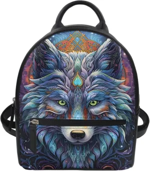 GLUDEAR Women Cool Wolf Print PU Leather Small Backpack Shoulder Bag Ladies Travel Bag,Blue Wolf Head
