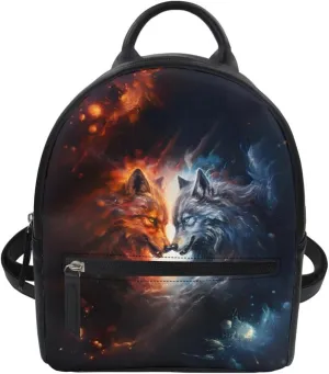 GLUDEAR Women Cool Wolf Print PU Leather Small Backpack Shoulder Bag Ladies Travel Bag,Flames Wolf
