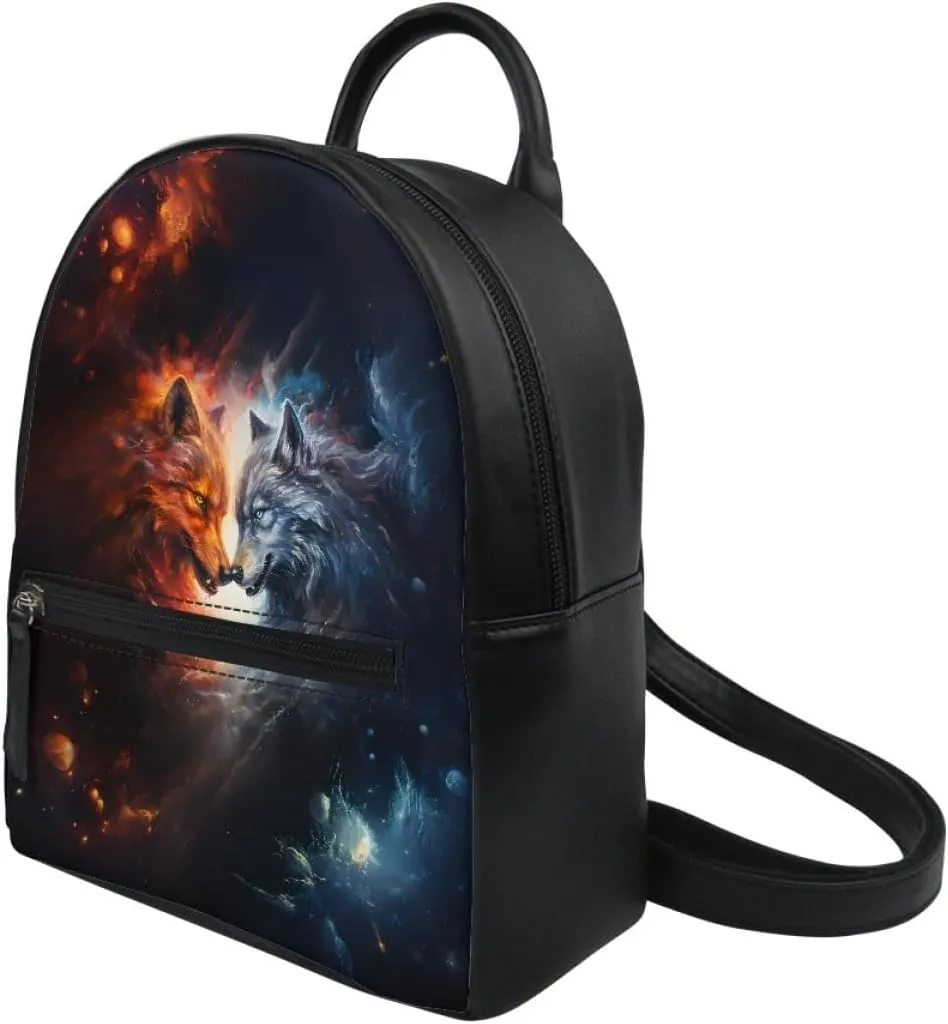 GLUDEAR Women Cool Wolf Print PU Leather Small Backpack Shoulder Bag Ladies Travel Bag,Flames Wolf