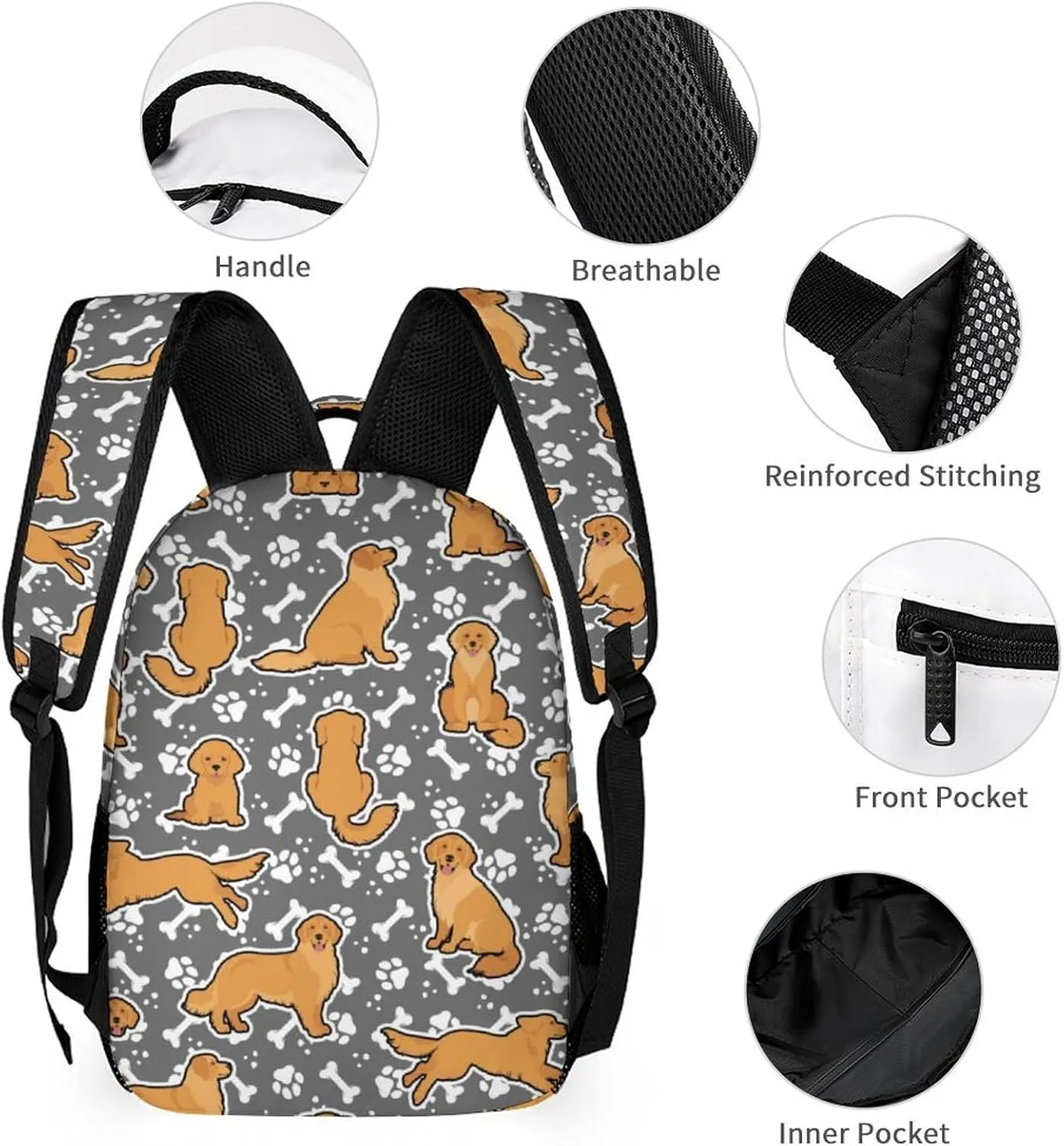 Golden Retriever Backpack for Kids Girls Boys School, 16 Inches Cute Dog Theme Bookbag, Adjustable, Lightweight, Large Capacity, Colorful Daily Casual Backpacks