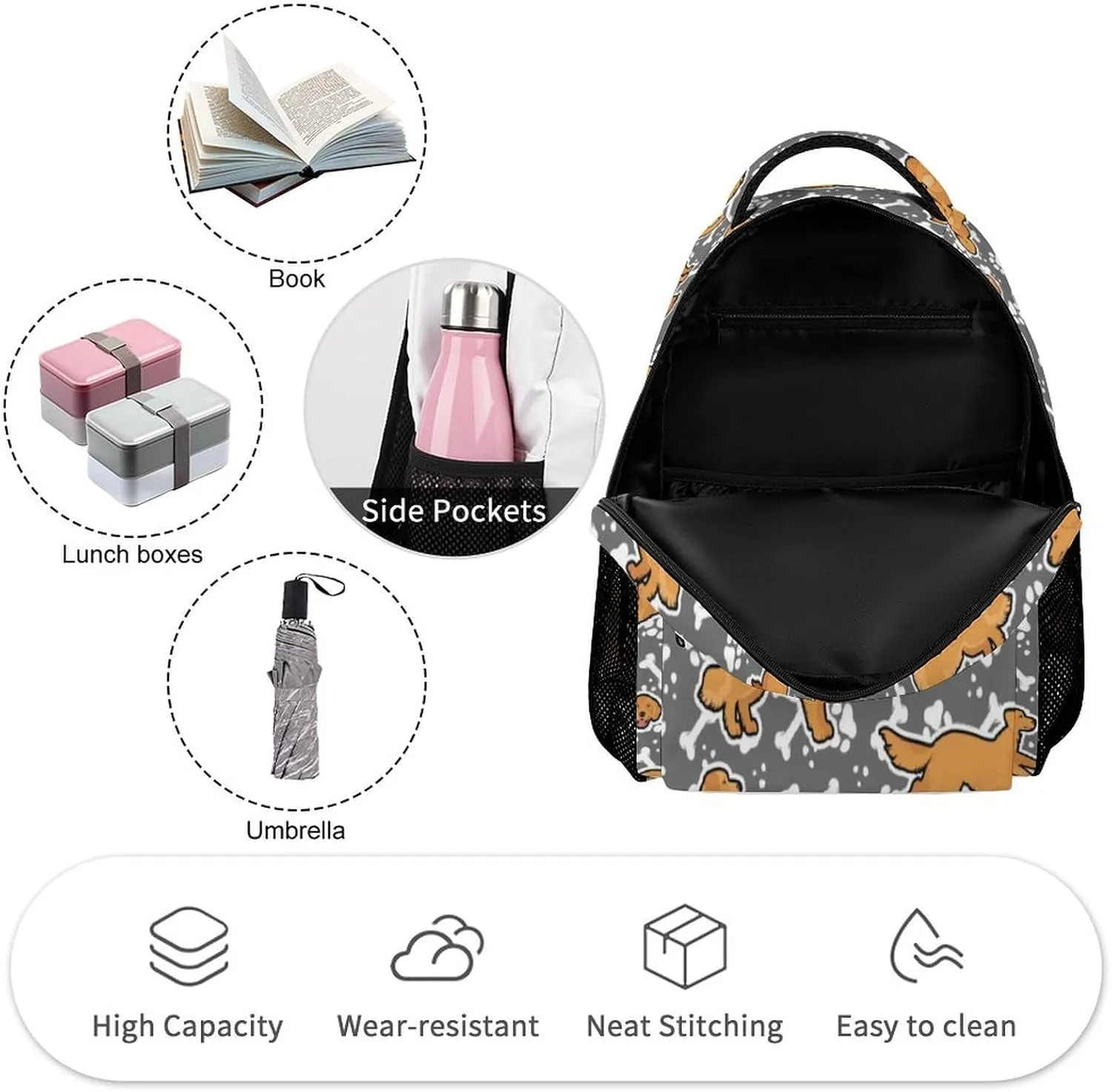 Golden Retriever Backpack for Kids Girls Boys School, 16 Inches Cute Dog Theme Bookbag, Adjustable, Lightweight, Large Capacity, Colorful Daily Casual Backpacks