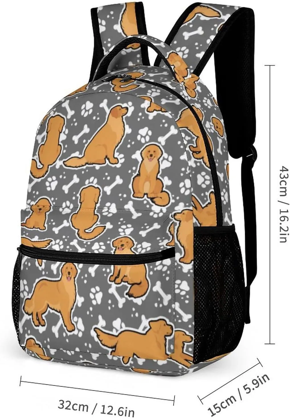 Golden Retriever Backpack for Kids Girls Boys School, 16 Inches Cute Dog Theme Bookbag, Adjustable, Lightweight, Large Capacity, Colorful Daily Casual Backpacks