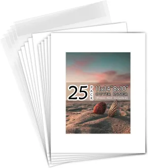 Golden State Art, Acid Free, Pack of 25, 11x14 White Picture Mats Mattes with White Core Bevel Cut for 8x10 Photo   Backing   Bags
