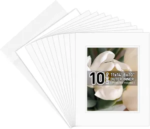 Golden State Art, Pack of 10 11x14 Double Picture Mats with White Core Bevel Cut for 8x10 Pictures   Backing   Bags, Off-White Over Off-White