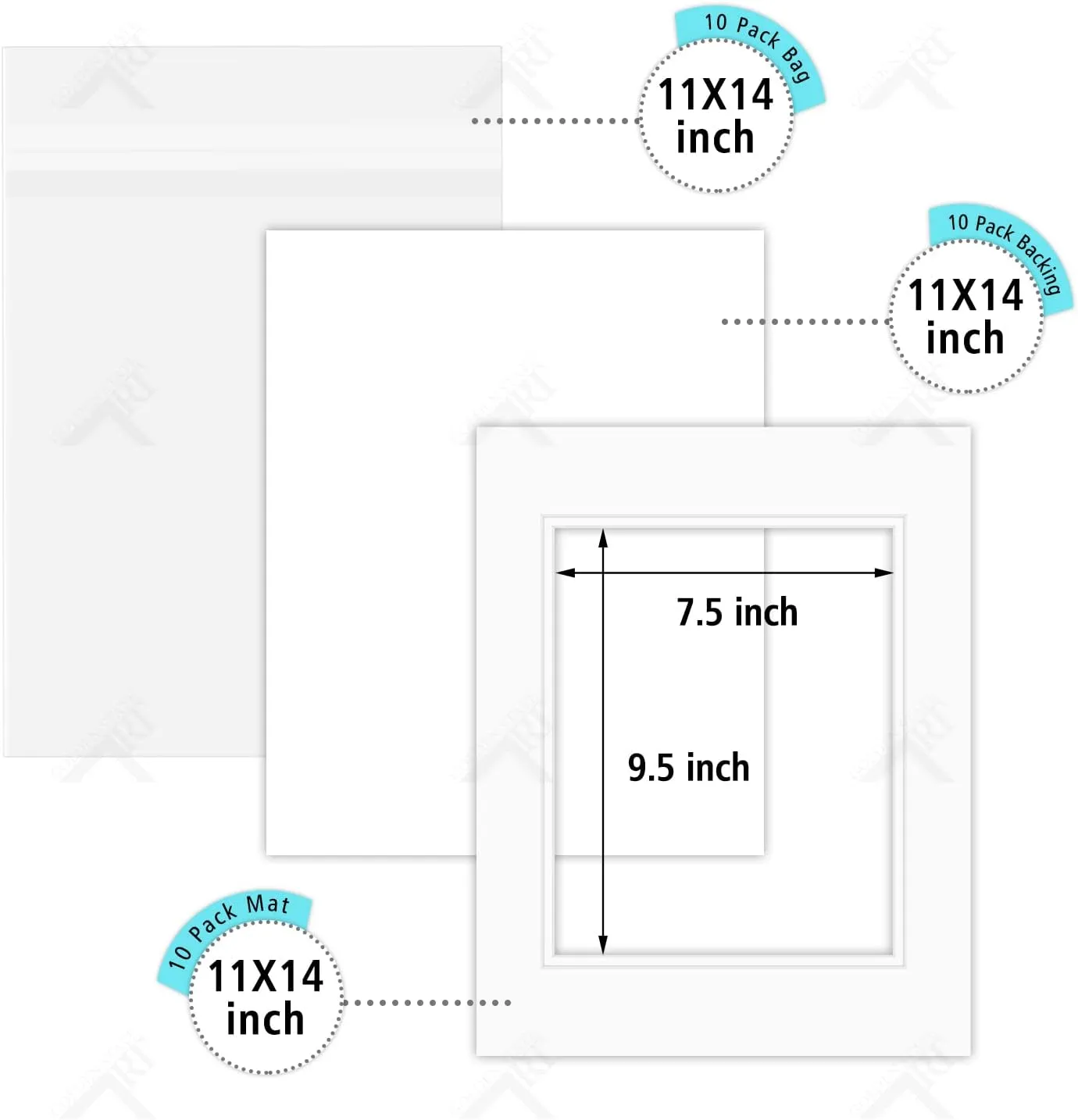 Golden State Art, Pack of 10 11x14 Double Picture Mats with White Core Bevel Cut for 8x10 Pictures   Backing   Bags, Off-White Over Off-White