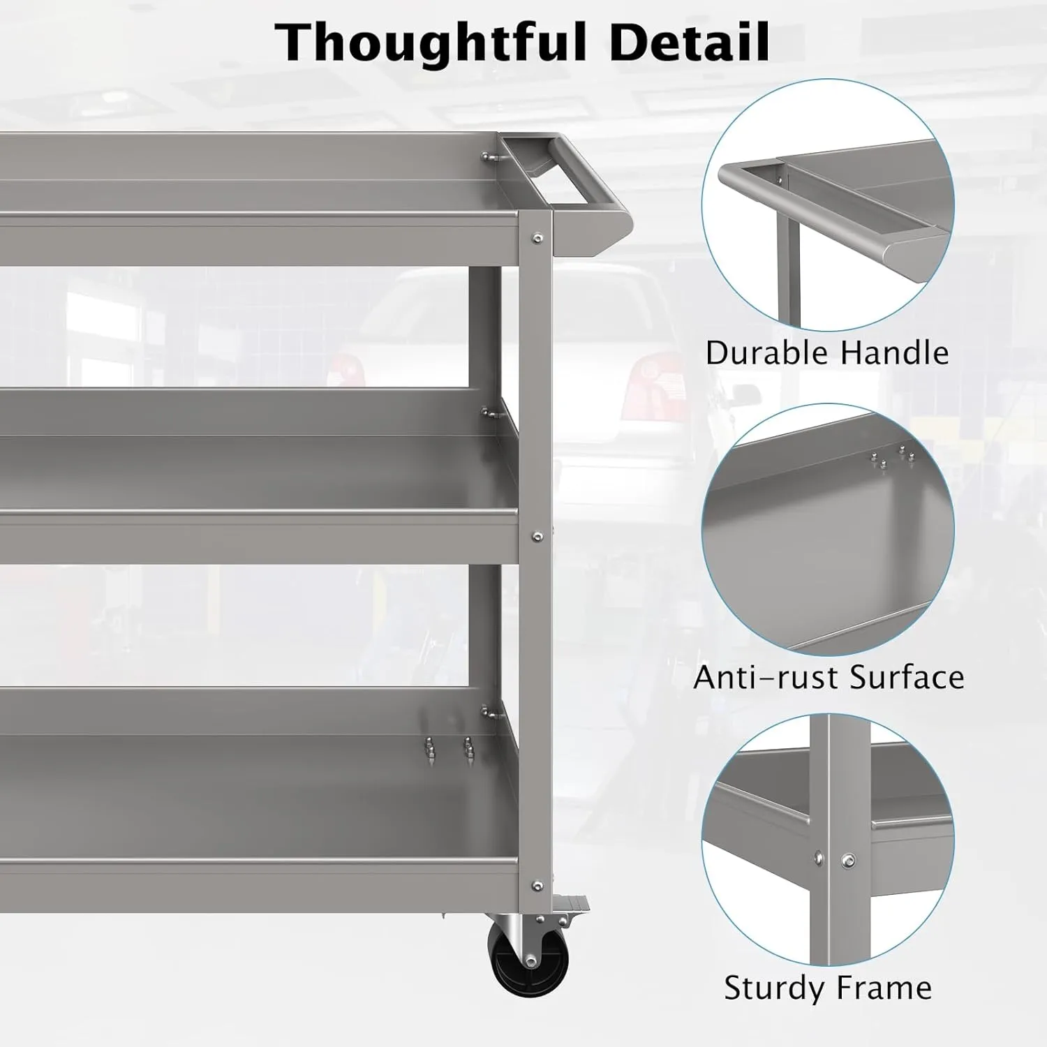 Goplus 3-Layer Service Utility Cart, Heavy Duty Unity Cart with Flat Handle, 2 Lockable Universal Wheel, 400 lbs Capacity, Rolling Tool Cart for Garage, Kitchen, Hotel, Office, Workshop Grey