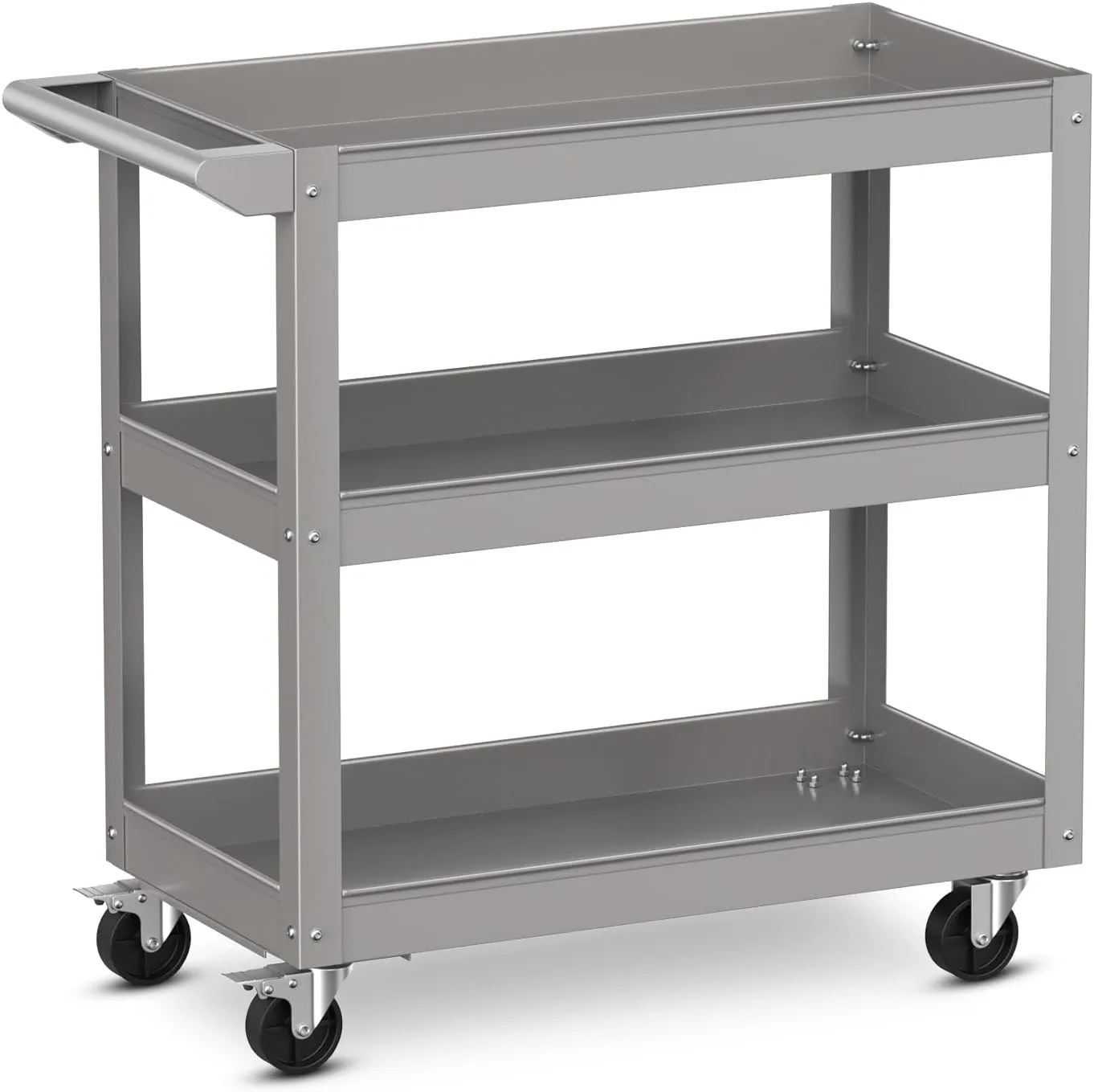 Goplus 3-Layer Service Utility Cart, Heavy Duty Unity Cart with Flat Handle, 2 Lockable Universal Wheel, 400 lbs Capacity, Rolling Tool Cart for Garage, Kitchen, Hotel, Office, Workshop Grey