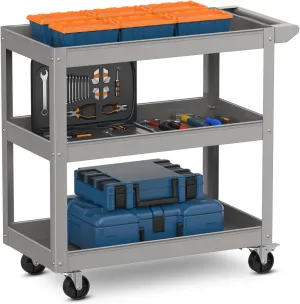 Goplus 3-Layer Service Utility Cart, Heavy Duty Unity Cart with Flat Handle, 2 Lockable Universal Wheel, 400 lbs Capacity, Rolling Tool Cart for Garage, Kitchen, Hotel, Office, Workshop Grey